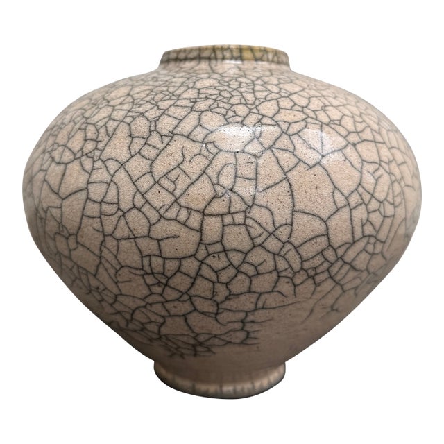 Vintage Raku Fire Vessel Crackle Glazed Ceramic Pottery Vase Signed For Sale