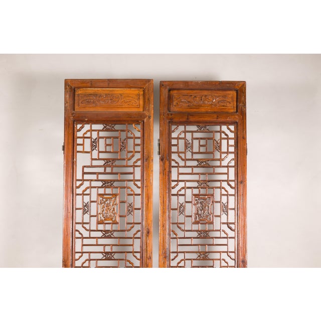 Pair of Antique Chinese Carved Elm Lattice Screens with Figural Motifs For Sale - Image 12 of 18
