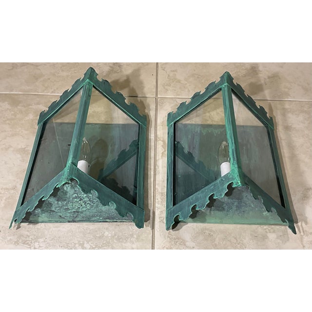Pair of Artistic Vintage Patinated Metal Wall Lantern Sconces For Sale - Image 13 of 16