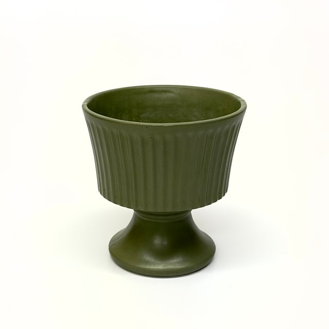 Olive Green Matte Ceramic Stemmed Planter Curation - Group of 3 For Sale - Image 4 of 10