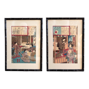 Pair of Antique Toyohara Kunichika Meiji Period Japanese Woodblock Prints