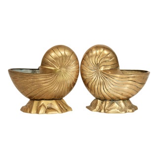 Vintage Coastal Brass Nautilus Shell Cachepot Bookends - a Pair For Sale