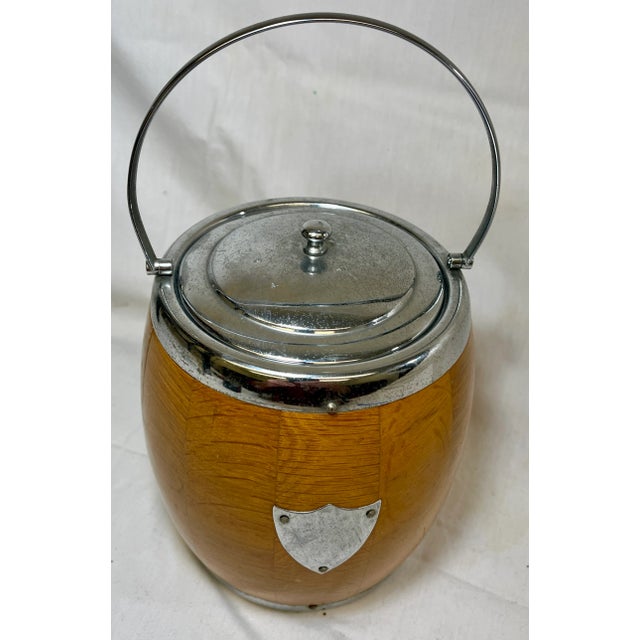 Vintage Light Oak Wood Biscuit Jar/Ice Bucket With Chrome Trim & Ceramic Liner Made in England - Circa 1930 For Sale - Image 9 of 12