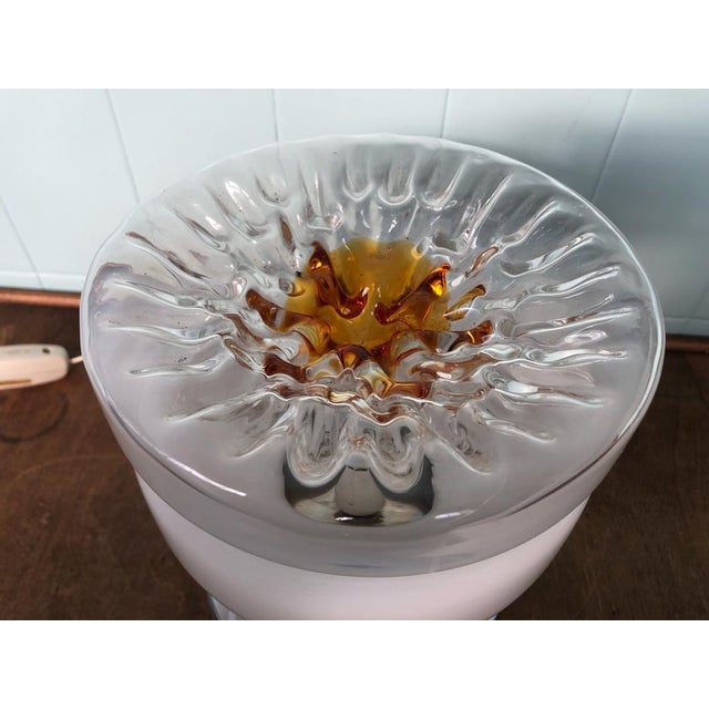 Italian table lamp of the 70s space age style abat-jour chromed steel base and murano glass lampshade in mazzega's style...