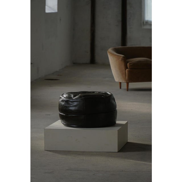 Animal Skin Vintage French Black Leather Pouf with Slouchy Form, 1960s For Sale - Image 7 of 18