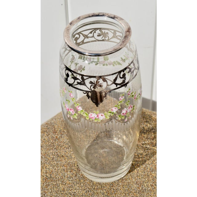 Antique Bohemian Etched Glass Vase W/Floral Enamel and Sterling Silver Overlay For Sale - Image 10 of 13