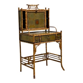Vintage Boho Burnt Bamboo Writing Desk and Chair For Sale