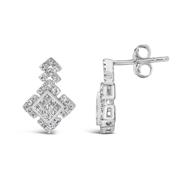 Haus of Brilliance 10K White Gold 3/5 Cttw Princess Diamond Geometric Drop Earrings For Sale - Image 4 of 4