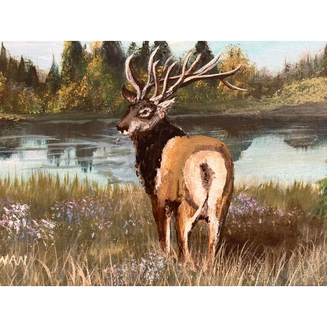 Sky Blue Sue Swan – Original Oil on Panel Stag Landscape Painting, 1989 For Sale - Image 8 of 13
