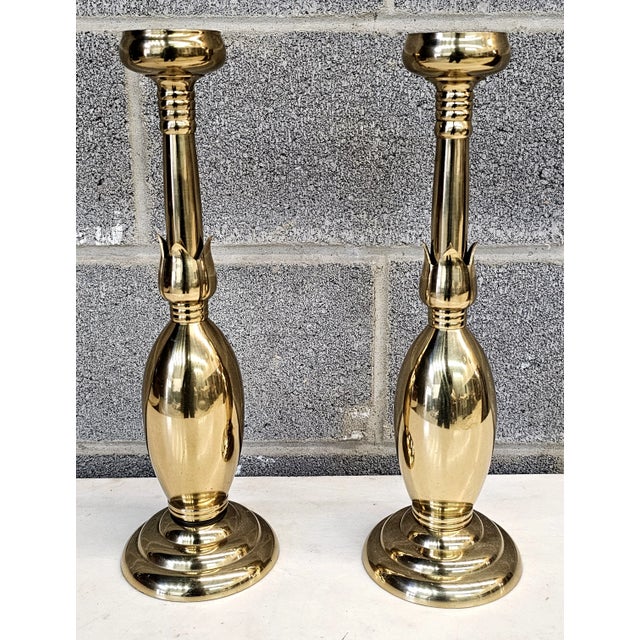 Pair of 20th Century Roman Tulip Fluted Brass Candlesticks For Sale - Image 4 of 7