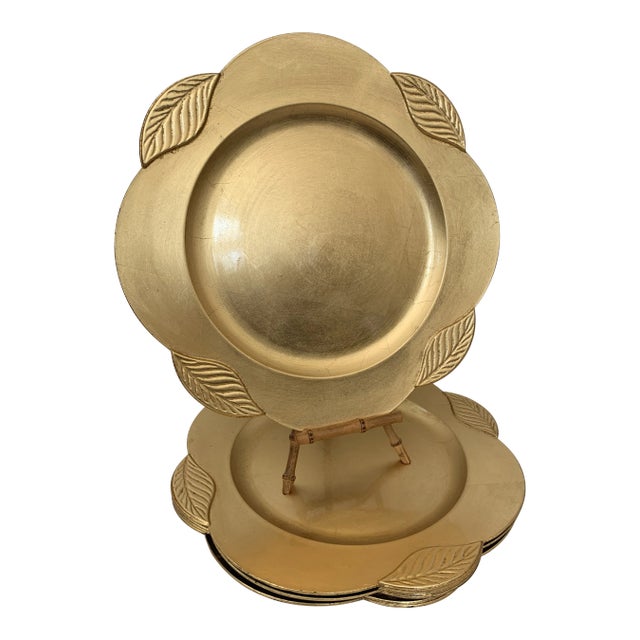 Gold Lacquered Chargers Leaf Motif - Set of 4 For Sale