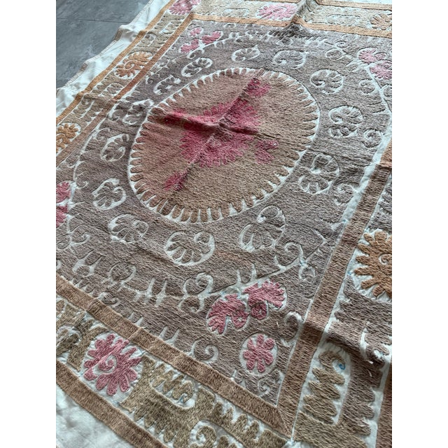 Boho Neutral Tan Suzani From Uzbek — 4'7'' X 4'10'' For Sale - Image 4 of 6