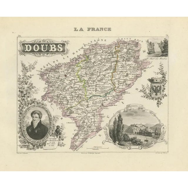 Paper Map of Doubs France with Besançon and Swiss Border Landscape, 1800s For Sale - Image 7 of 10