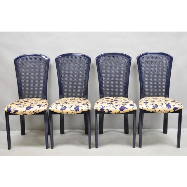 Vintage Italian Hollywood Regency Navy Blue Lacquer Cane Dining Chair - Set of 4 For Sale - Image 16 of 16