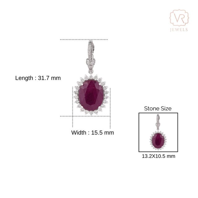 8.69Ct Oval Cut Ruby & Diamond Halo Contemporary Pendant in 14k White Gold For Sale - Image 11 of 14