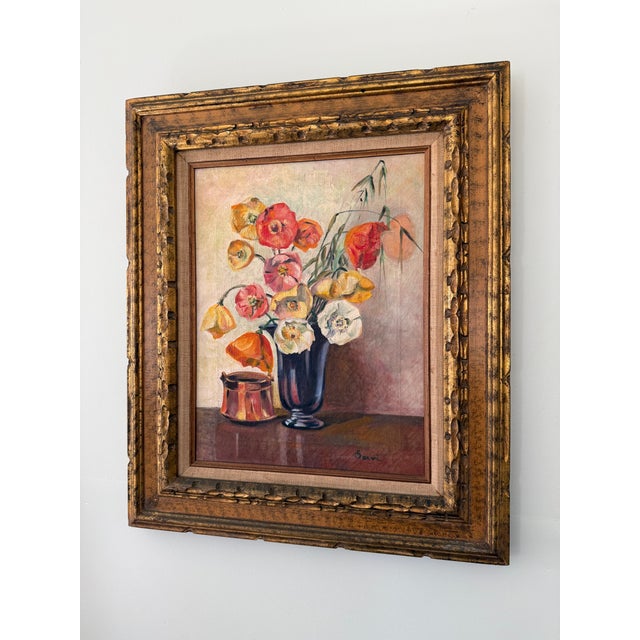 Orange Vintage Mid-Century Oil on Canvas Still Life of Poppies & Copper Pot, Framed For Sale - Image 8 of 16