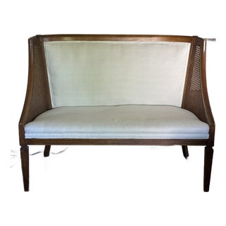 Vintage Cane-Back Upholstered Settee / Loveseat For Sale
