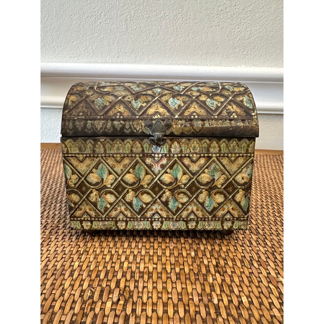 Fabulous Antique Painted Metal Tabletop Box, Made in England. Terrific rusty metal box with brown, turquoise and warm tan...