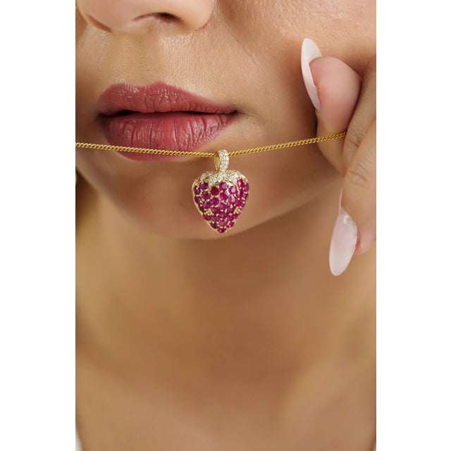 Whimsical Ruby Strawberry Pendant 2.55ct in 14k Yellow Gold With Pave Diamonds For Sale - Image 12 of 16