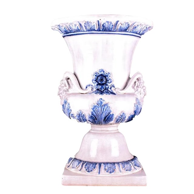 Monumental Blue & White Majolica Grecian Urn With Mythological Jupiter Ammon Motifs For Sale - Image 10 of 10