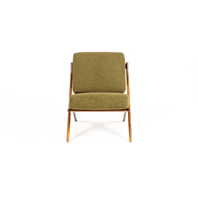 1960s 1960s Danish Modern Mid Century Walnut Scissor Lounge Chairs — Folke Ohlsson for Dux — Olive Bouclé For Sale - Image 5 of 11