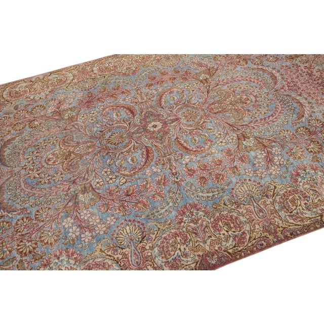 1950s Mid Century Blue Handmade Persian Kirman Wool Rug With Allover Floral Motif For Sale In New York - Image 6 of 7