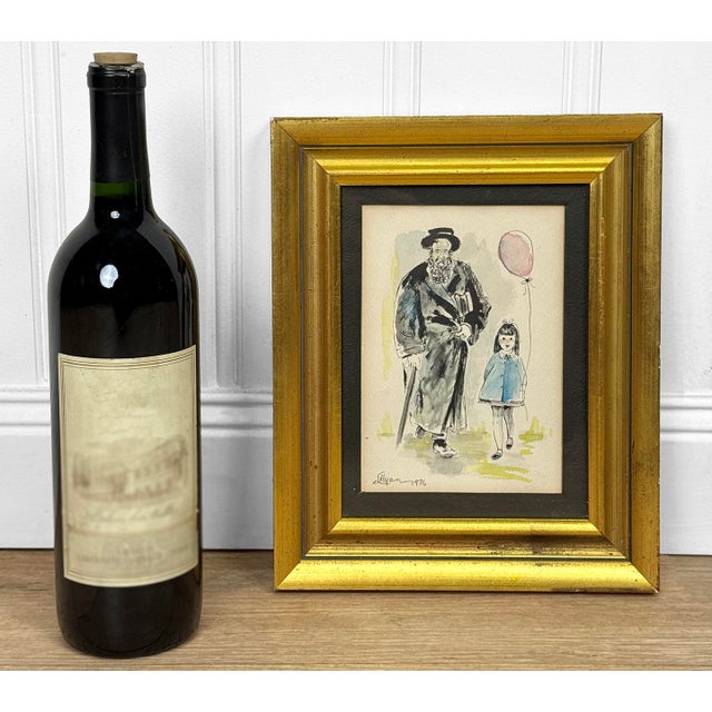 Traditional Vintage 1976 Jewish Rabbi & Girl W/ Balloon Signed Watercolor Painting For Sale - Image 3 of 9
