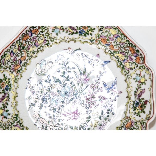 Vintage Famille Rose Porcelain Plate With Birds and Flowers Hand Painted Decor For Sale - Image 4 of 11