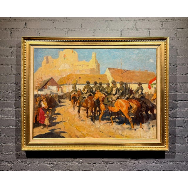 Hungarian Crowd waving at WW2 German Wehrmacht Cavalry entering Town- 1930s Oil painting Hungarian Impressionist - Oil...