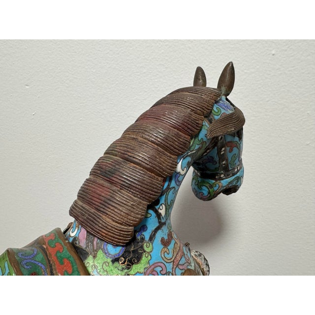 Antique Chinese Cloisonné Prancing Horse Sculpture | Large Republic Period Bronze & Enamel Figurine | Turquoise Scrollwork | 18" Asian Art For Sale - Image 11 of 12