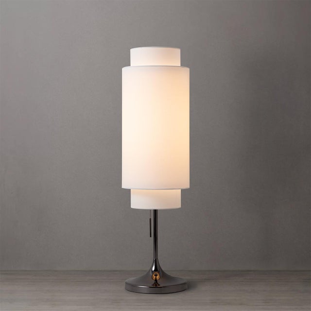 Not Yet Made - Made To Order Lollipop Table Lamp - Black Nickel, White Linen Double Shade, on/Off Pull Chain For Sale - Image 5 of 15