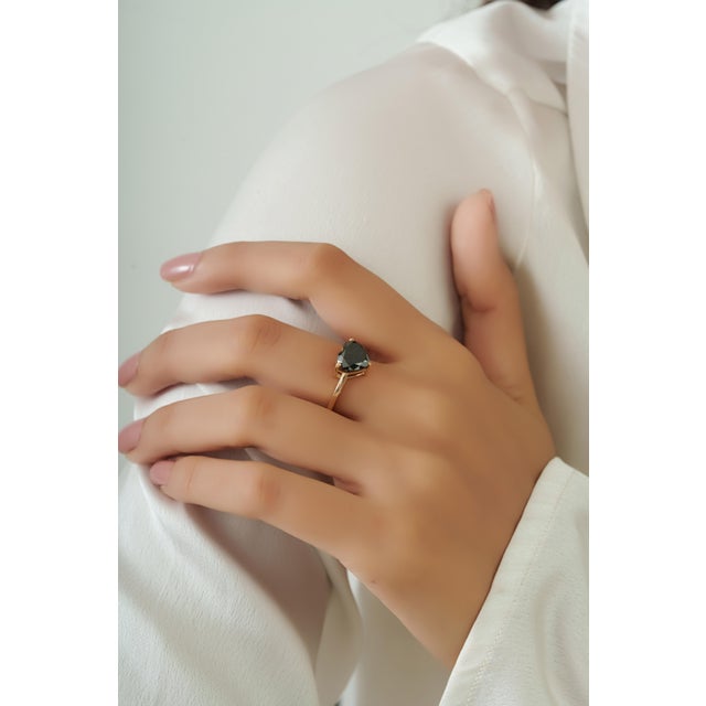 Black 3.11 Carat Heart Shape Black Diamond Solitaire Ring Size 6.5 in 14k Gold For Sale - Image 8 of 16
