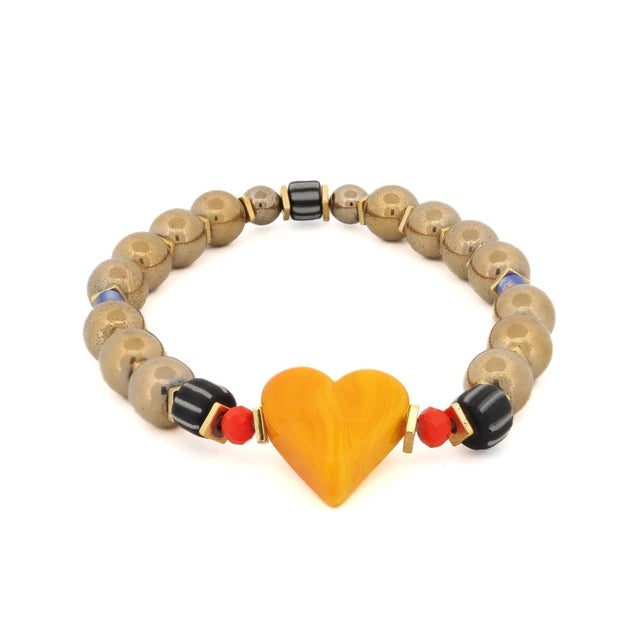 Murano Glass Yellow Heart Gold Hematite Stone Beaded Bracelet For Sale - Image 10 of 10