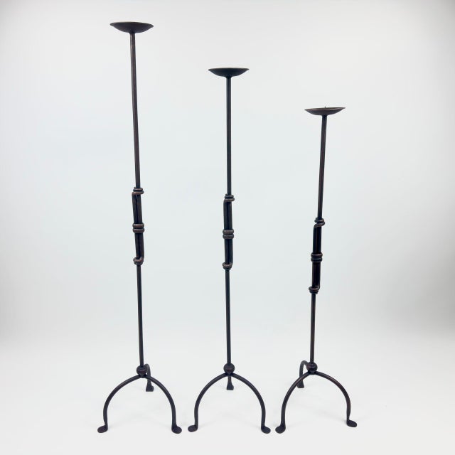 Hand Forged Iron Candelabra Set of 3 (98-118cm) Antique Copper Finish Sculptural Iron Bamboo Style Estate Set For Sale - Image 6 of 6