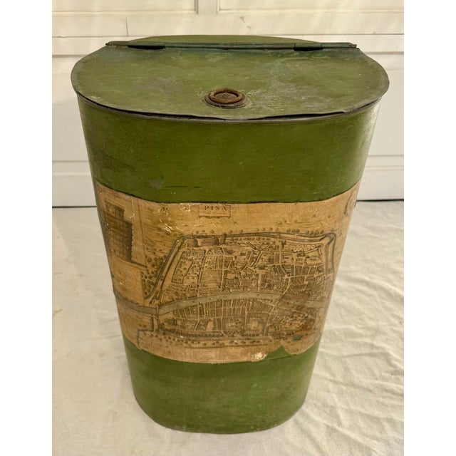 Here is a charming vintage metal waste bin, likely dating to the early mid-20th century, features a beautifully aged green...
