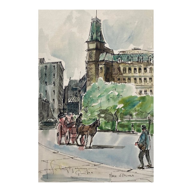 Jacques Schyrgens Place d'Armes Quebec Watercolor For Sale