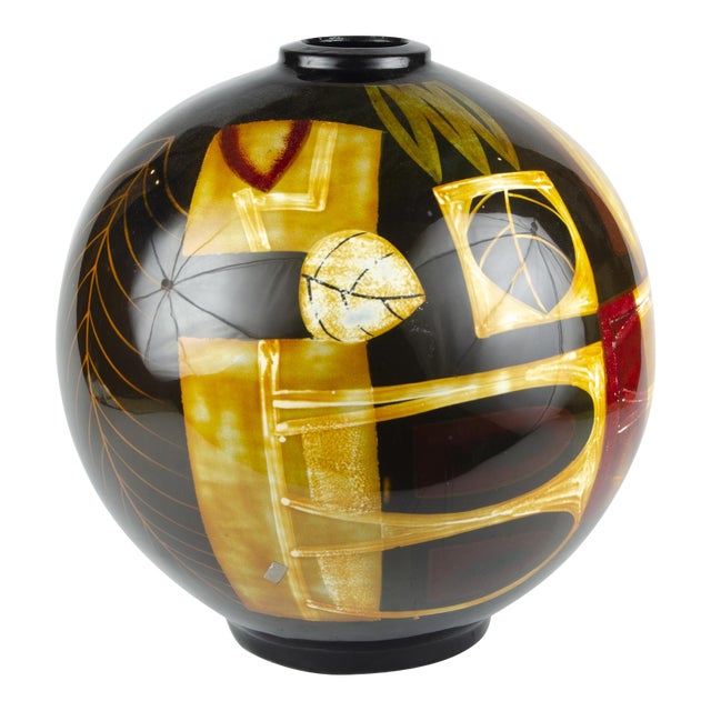 Early 20th Century Art Déco Enameled Ceramic Bulbous Decorative Vase With Vegetal and Geometric Motifs, France For Sale