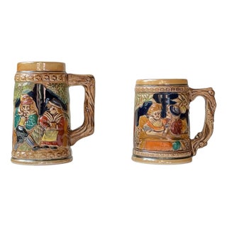 Medieval Themed German Bier Steins Mugs in Glazed Stoneware, Set of 2 For Sale