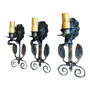 Set of 3 Wrought Iron and Cast Brass Arts and Crafts Wall Sconces With Original Nickel Plating, Circa 1910