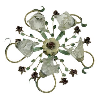 5-Light Ceiling Lamp in Decorated Wrought Iron and Murano Glass, 1980s. For Sale