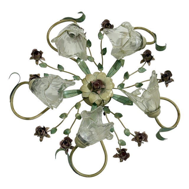 5-Light Ceiling Lamp in Decorated Wrought Iron and Murano Glass, 1980s. For Sale