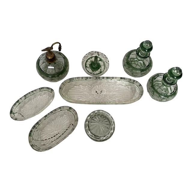 Antique Crystal Vanity Set. Shimmering green crystal pieces, catch and reflect light beautifully. 7 piece set: Long skinny...