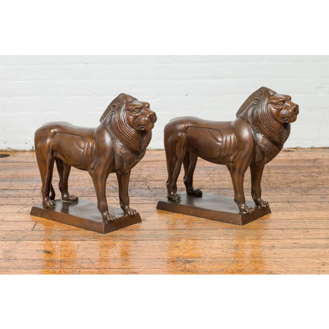 Vintage Bronze With Dark Patina Lion Sculptures on Bases - A Pair For Sale - Image 9 of 13