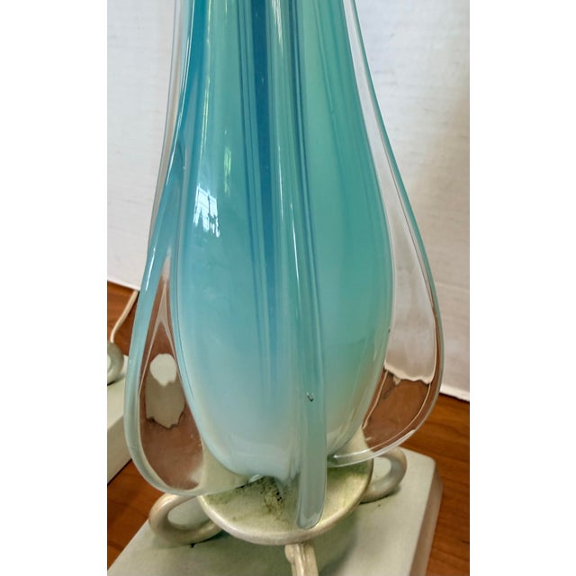 Mid-Century Modern Pair of Vintage Murano Handblown Blue and Clear Glass Table Lamps For Sale - Image 3 of 6