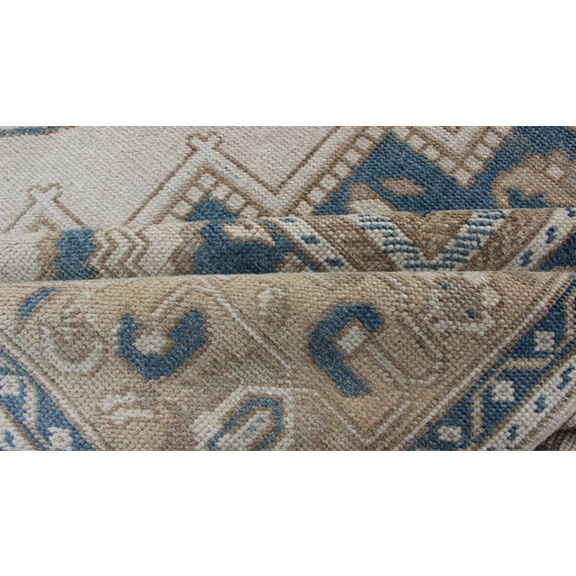 Vintage Turkish Oushak Rug With Geometric Design in Blue, Taupe and Sand For Sale - Image 11 of 13