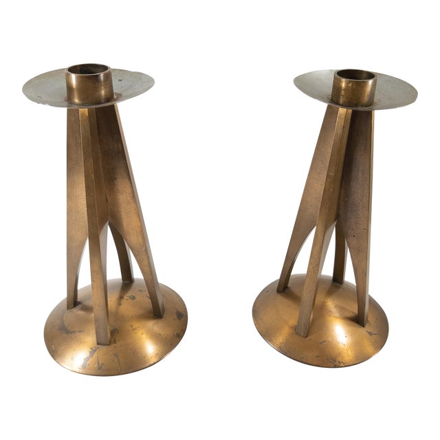 Mid-Century Modern Pair Bronze Chrome and Copper Candlesticks For Sale
