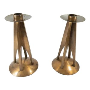 Mid-Century Modern Pair Bronze Chrome and Copper Candlesticks