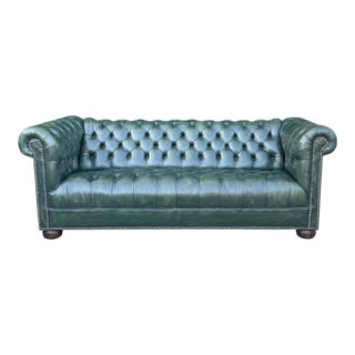 1960s Classic English Traditional Chesterfield Sofa in Rich Dark Green Leather- Brass Nail Head Trim For Sale