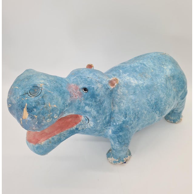 Original handmade decorative sculpture, ca. 1970–1980 An exceptionally decorative, large hippopotamus figure made of...