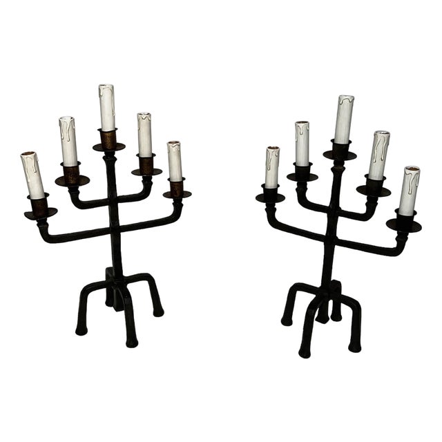 1940s Pair of 5-arm wrought iron candelabras For Sale